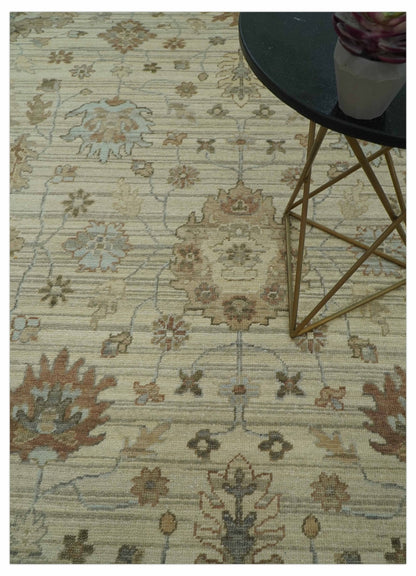 Traditional Oushak  Beige, Brown And Blue Hand Knotted Custom Made Wool rug.