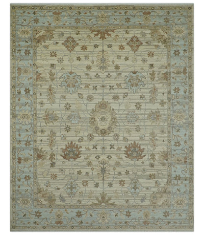 Traditional Oushak  Beige, Brown And Blue Hand Knotted Custom Made Wool rug.