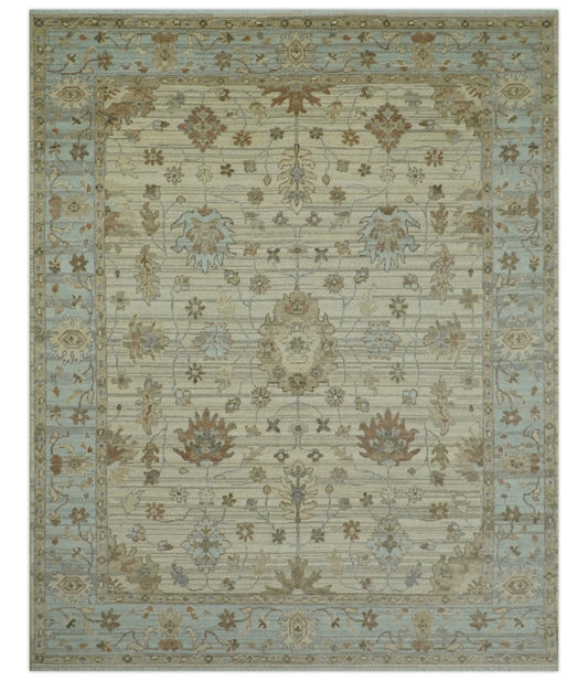Traditional Oushak  Beige, Brown And Blue Hand Knotted Custom Made Wool rug.