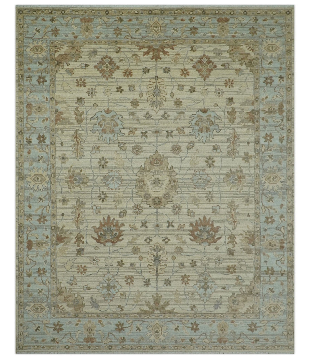 Traditional Oushak  Beige, Brown And Blue Hand Knotted Custom Made Wool rug.