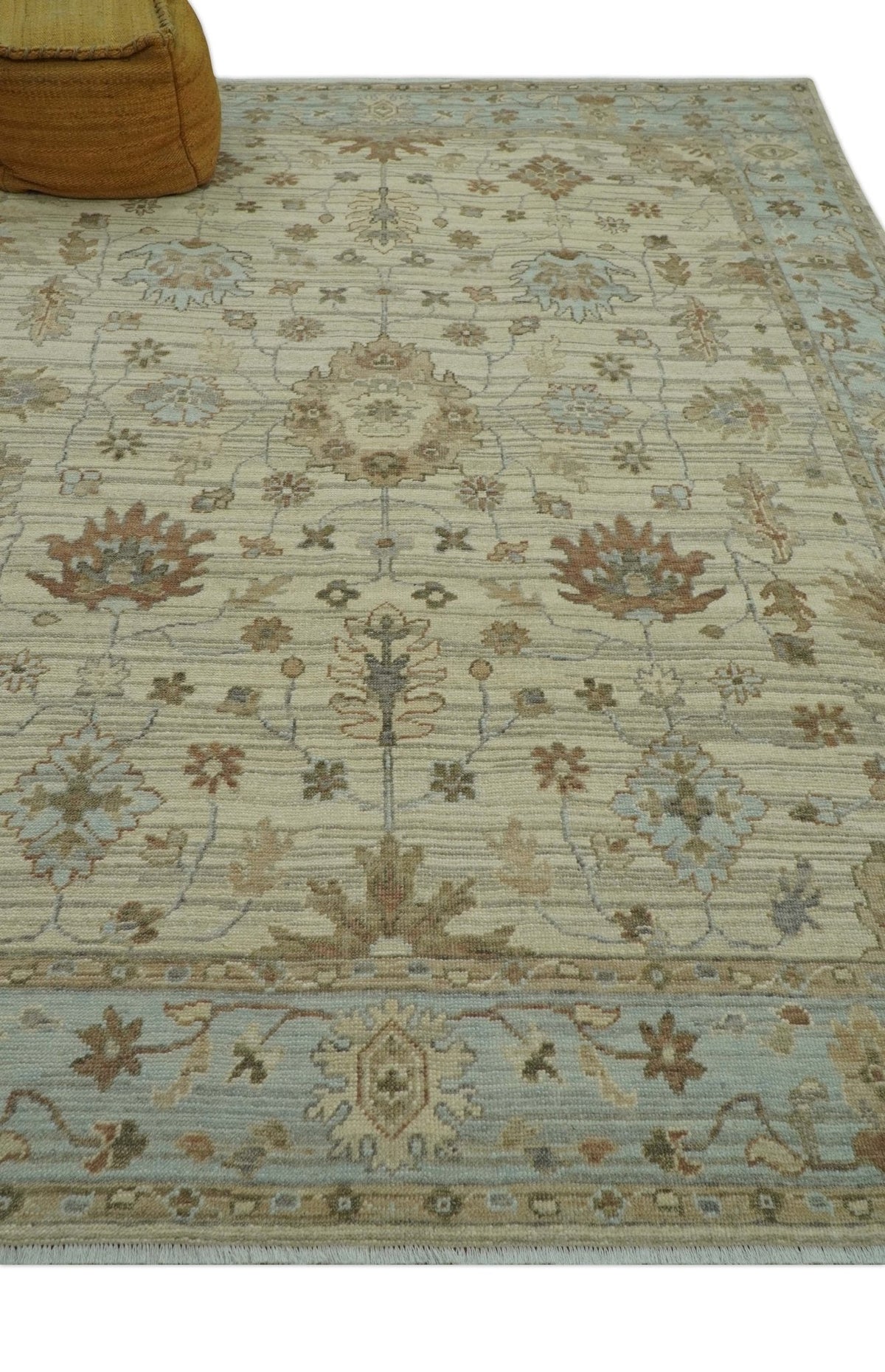 Traditional Oushak  Beige, Brown And Blue Hand Knotted Custom Made Wool rug.
