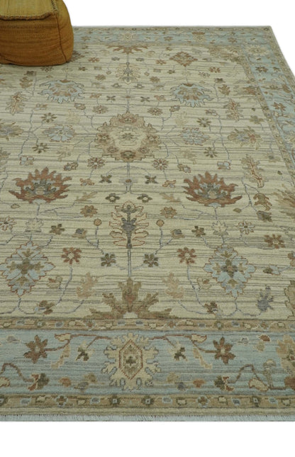 Traditional Oushak  Beige, Brown And Blue Hand Knotted Custom Made Wool rug.