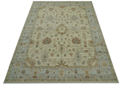 Traditional Oushak  Beige, Brown And Blue Hand Knotted Custom Made Wool rug.