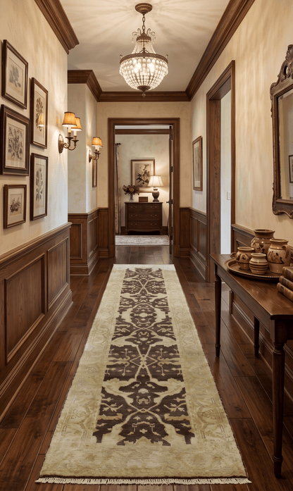 Traditional Oushak Brown and Beige Hand Knotted Wool Area Rug.