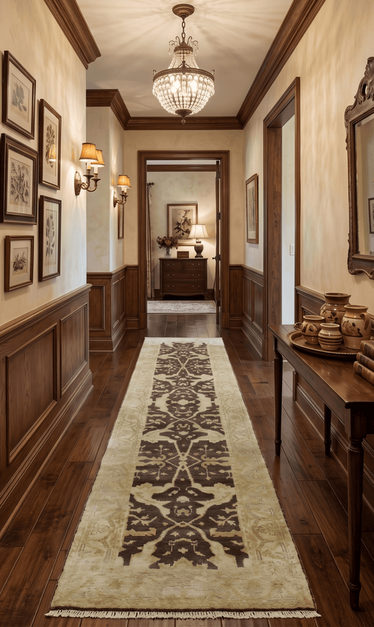 Traditional Oushak Brown and Beige Hand Knotted Wool Area Rug.