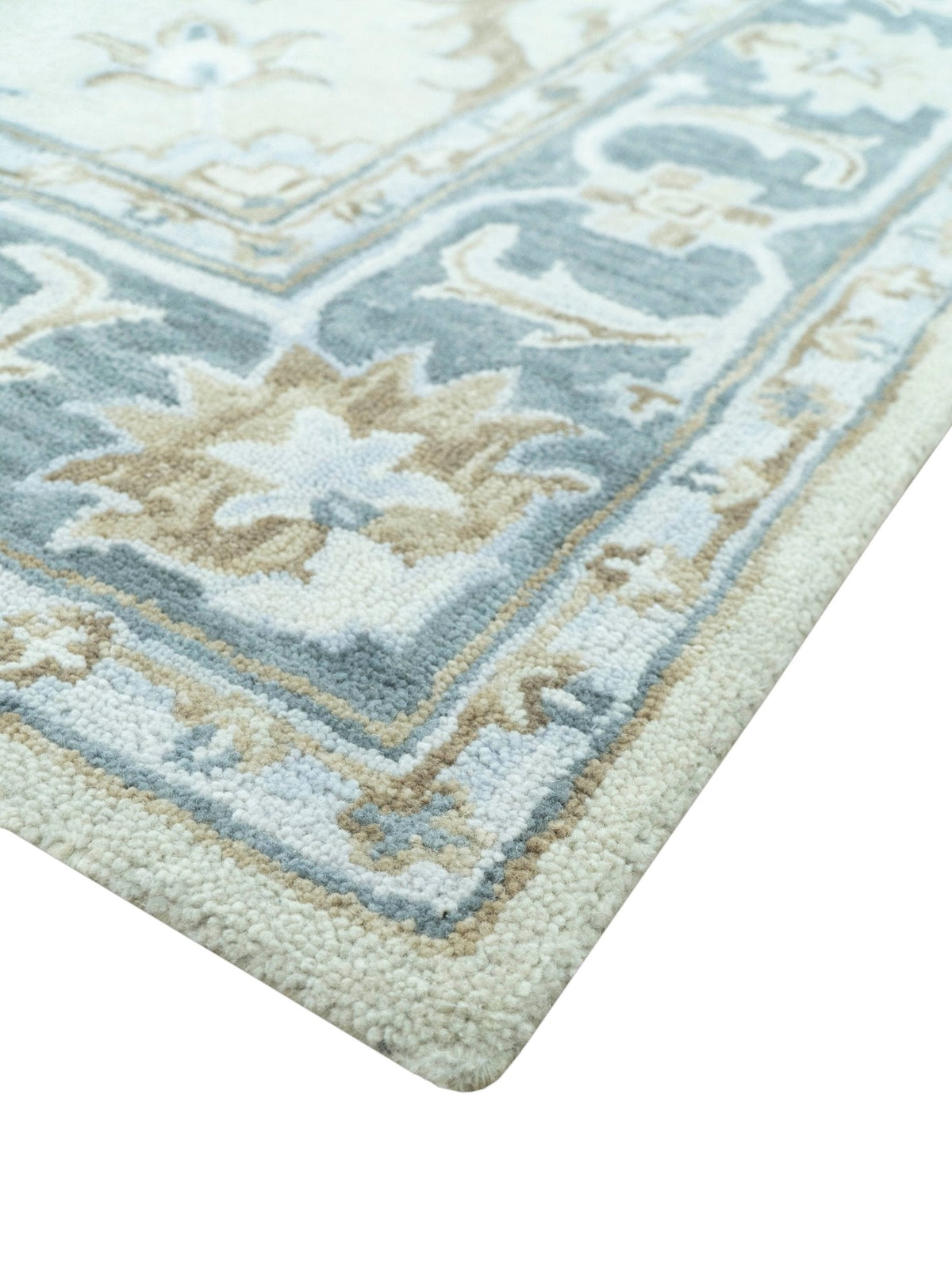 Traditional Oushak Design Beige And Blue Hand Tufted Custom Made Wool Rug.