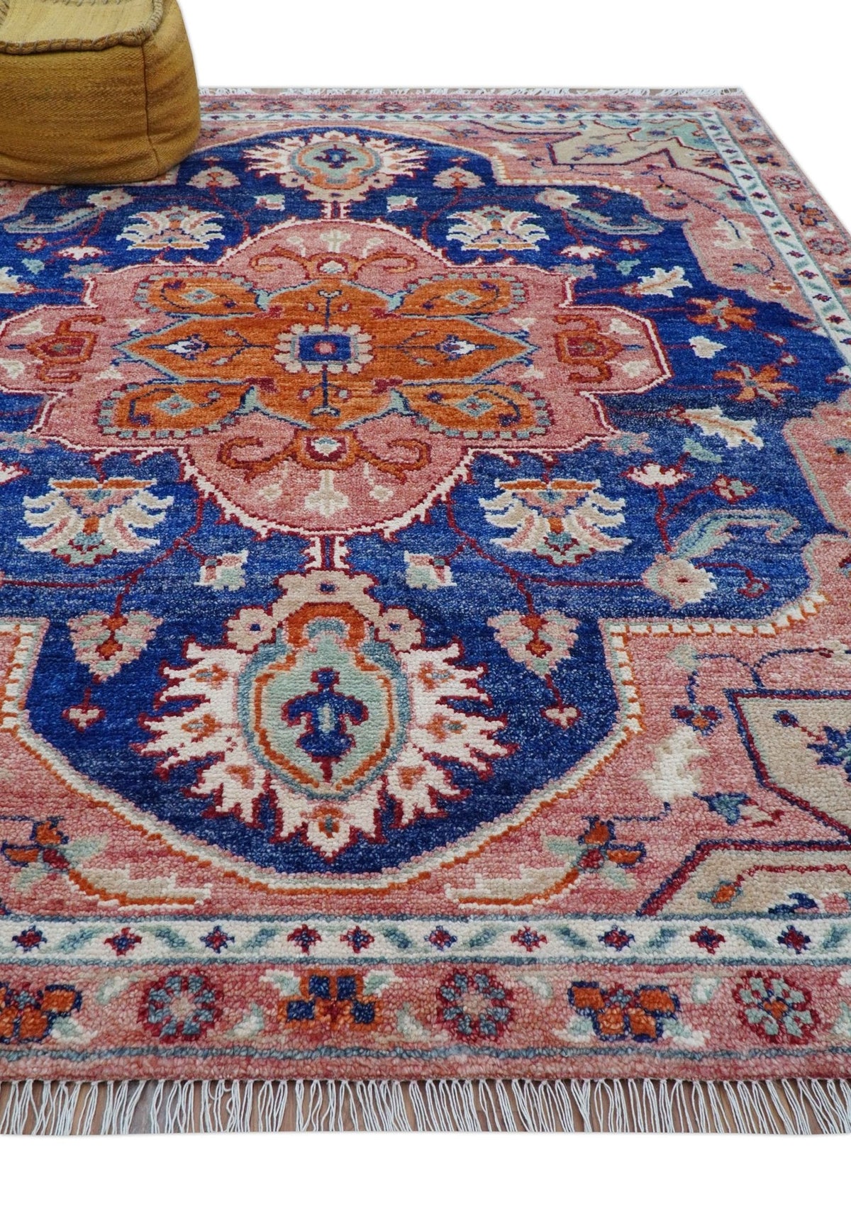Traditional Serapi Design Blue And Pink Hand Knotted Wool Area Rug.
