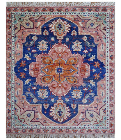Traditional Serapi Design Blue And Pink Hand Knotted Wool Area Rug.