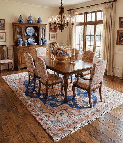 Traditional Serapi Design Blue And Pink Hand Knotted Wool Area Rug.