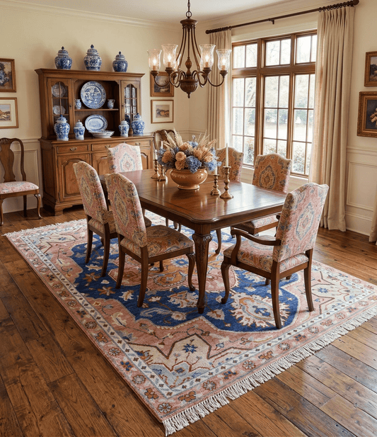 Traditional Serapi Design Blue And Pink Hand Knotted Wool Area Rug.