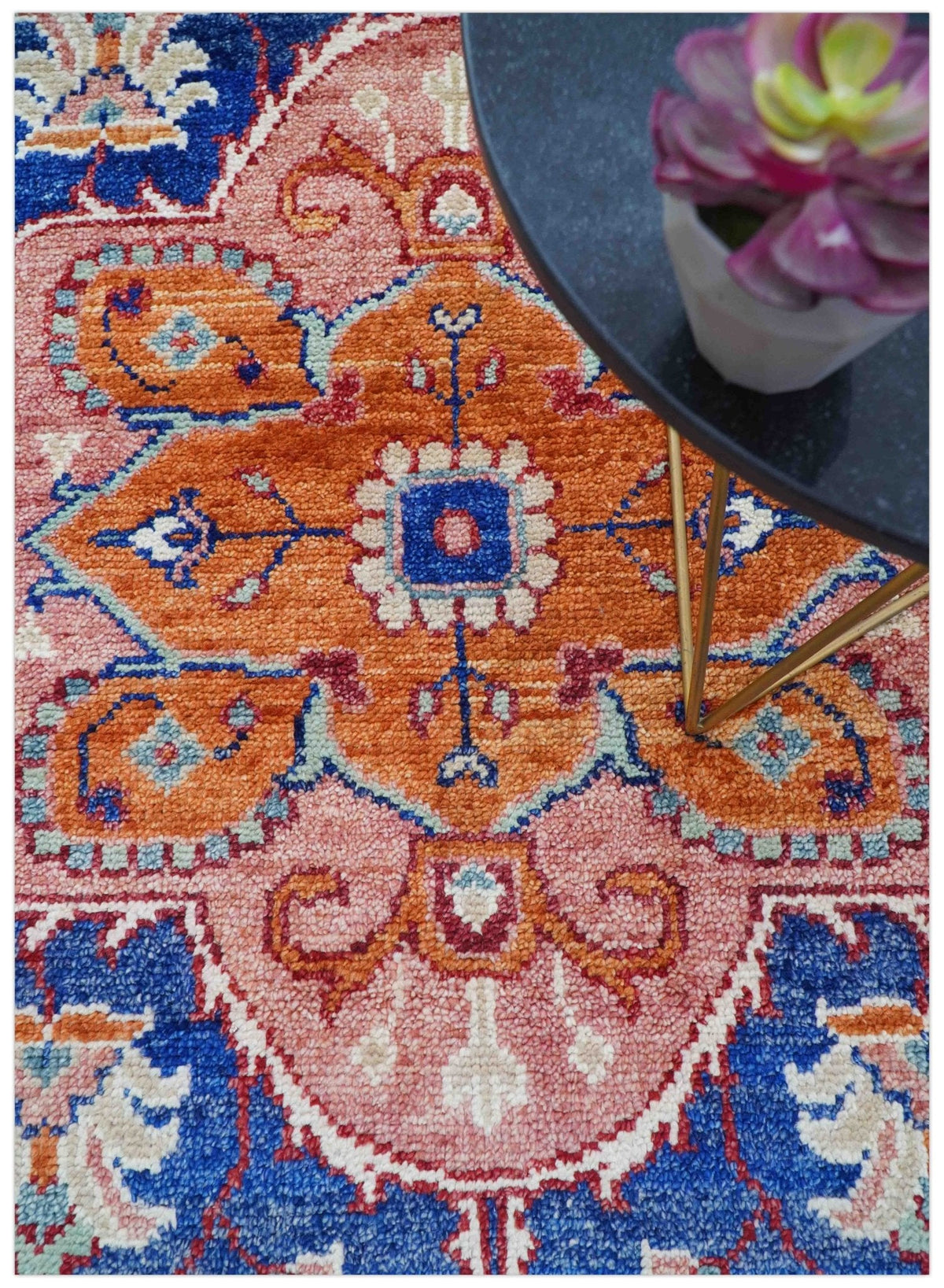 Traditional Serapi Design Blue And Pink Hand Knotted Wool Area Rug.