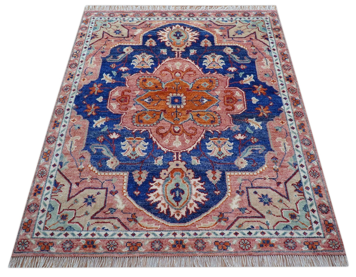 Traditional Serapi Design Blue And Pink Hand Knotted Wool Area Rug.
