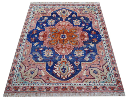 Traditional Serapi Design Blue And Pink Hand Knotted Wool Area Rug.
