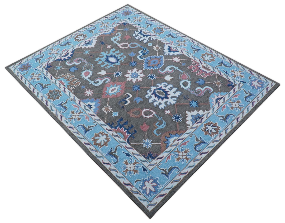 Traditional Style Gray And Blue Hand Tufted Wool Rug.
