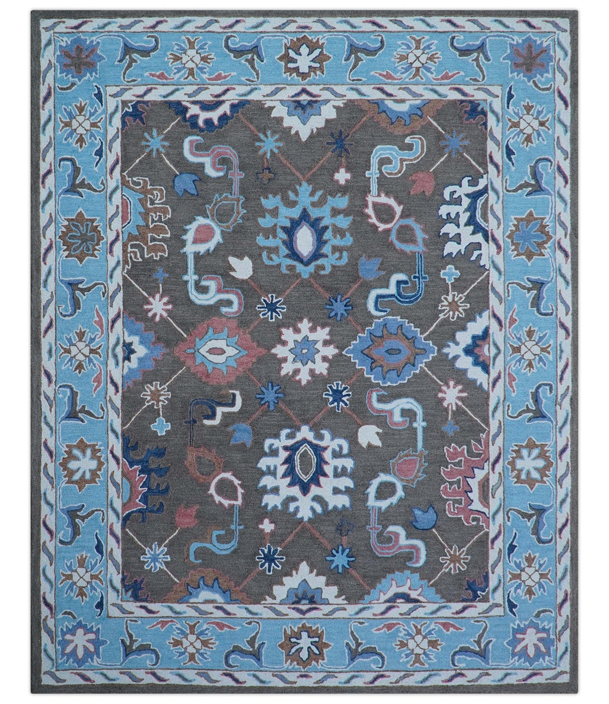 Traditional Style Gray And Blue Hand Tufted Wool Rug.