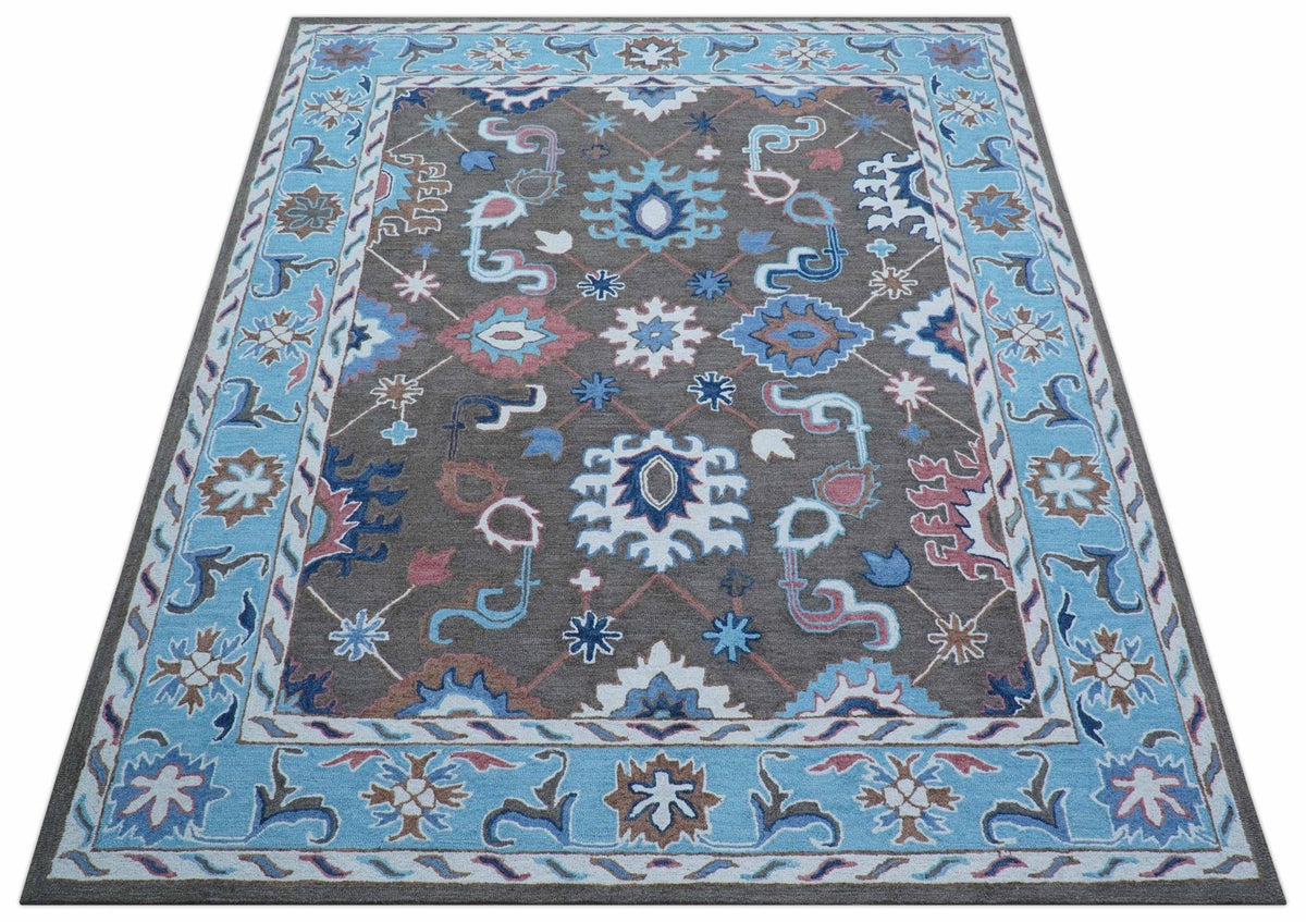 Traditional Style Gray And Blue Hand Tufted Wool Rug.