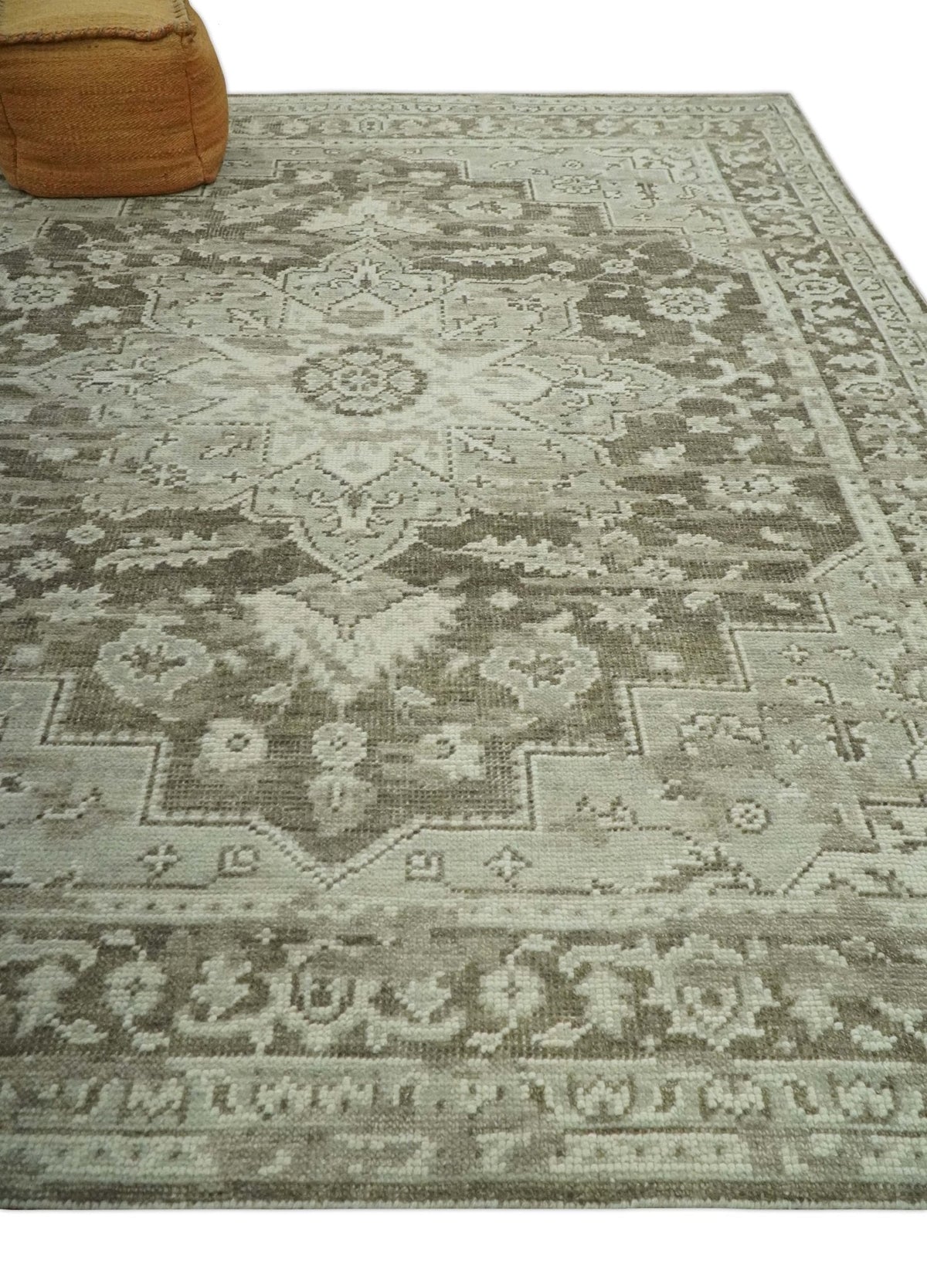 Traditional Turkish Design Beige And Brown Hand Knotted Custom Made wool rug.