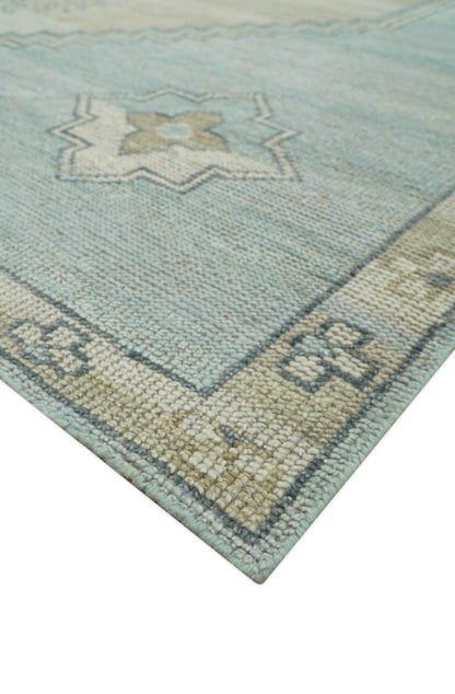 Traditional Medallion Design Blue and Beige Hand Knotted Wool Rug Custom Made.