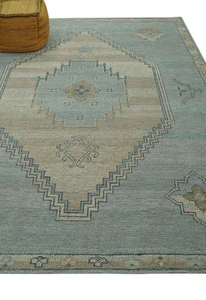 Traditional Medallion Design Blue and Beige Hand Knotted Wool Rug Custom Made.