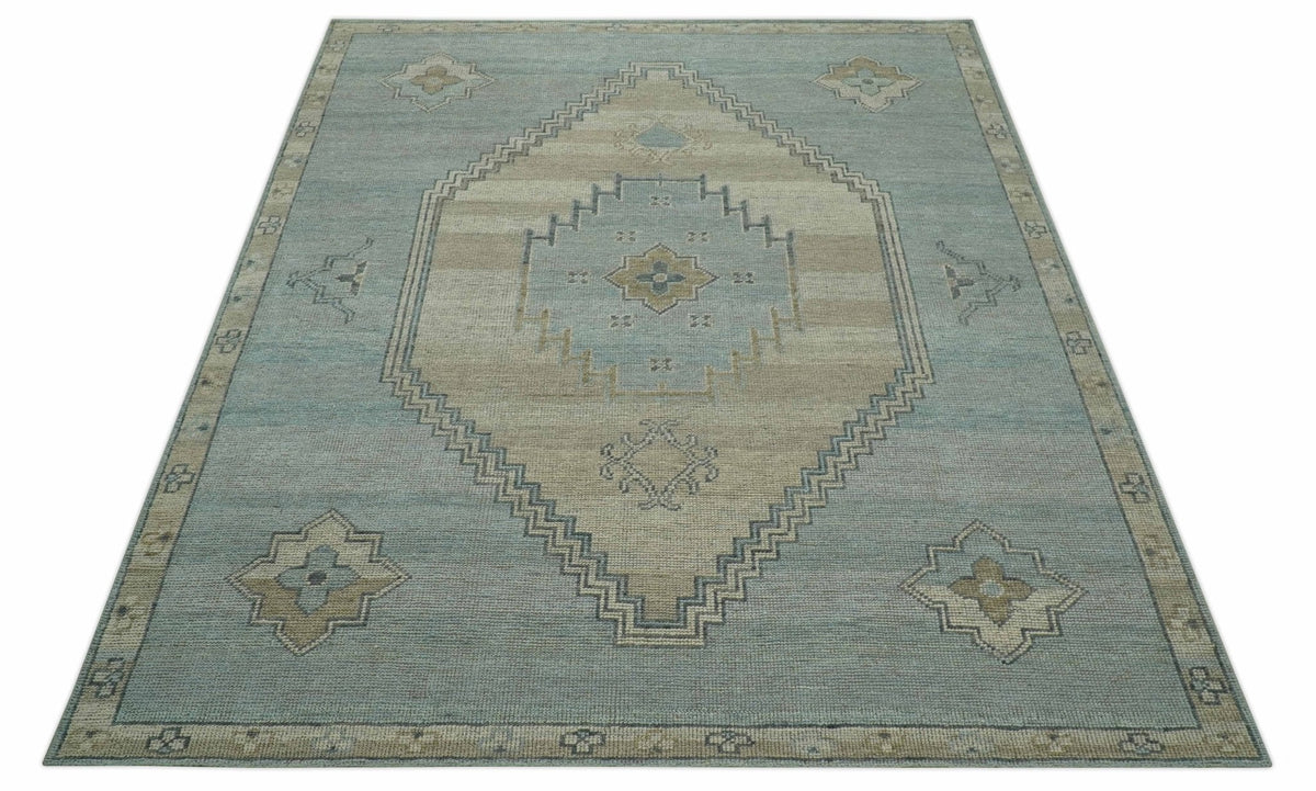 Traditional Medallion Design Blue and Beige Hand Knotted Wool Rug Custom Made.