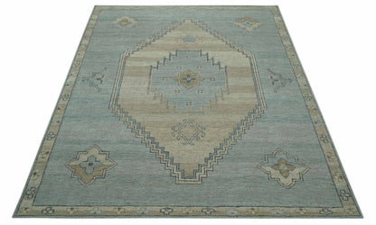 Traditional Medallion Design Blue and Beige Hand Knotted Wool Rug Custom Made.