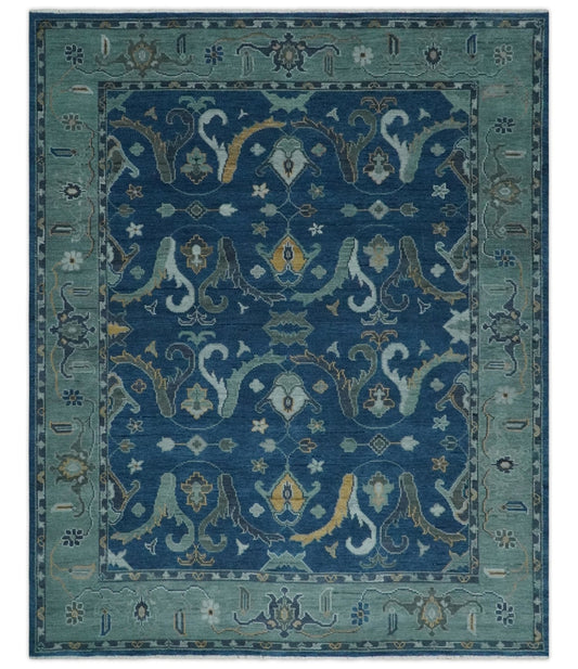 Traditional Turkish Design Hand Knotted Oriental Oushak Blue and Aqua Wool Area Rug.