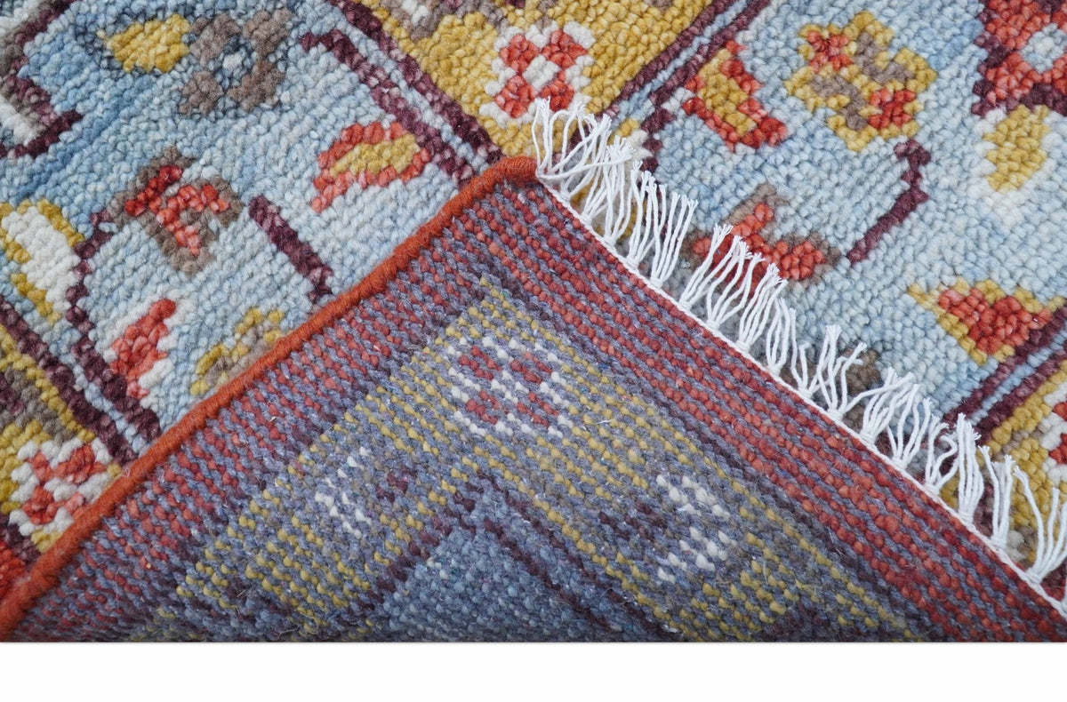 Traditional Turkish Design Rust And Blue Hand Knotted Wool Rug.