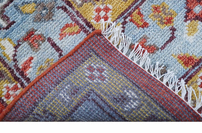 Traditional Turkish Design Rust And Blue Hand Knotted Wool Rug.