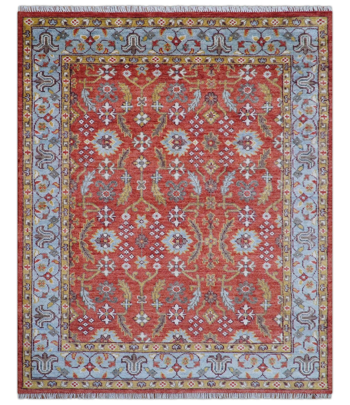 Traditional Turkish Design Rust And Blue Hand Knotted Wool Rug.