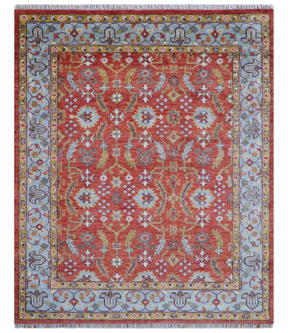 Traditional Turkish Design Rust And Blue Hand Knotted Wool Rug.