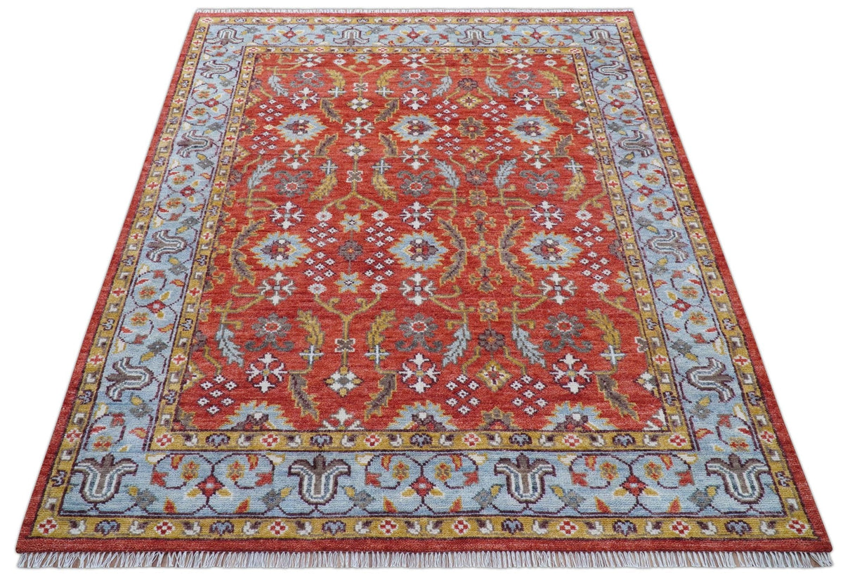 Traditional Turkish Design Rust And Blue Hand Knotted Wool Rug.