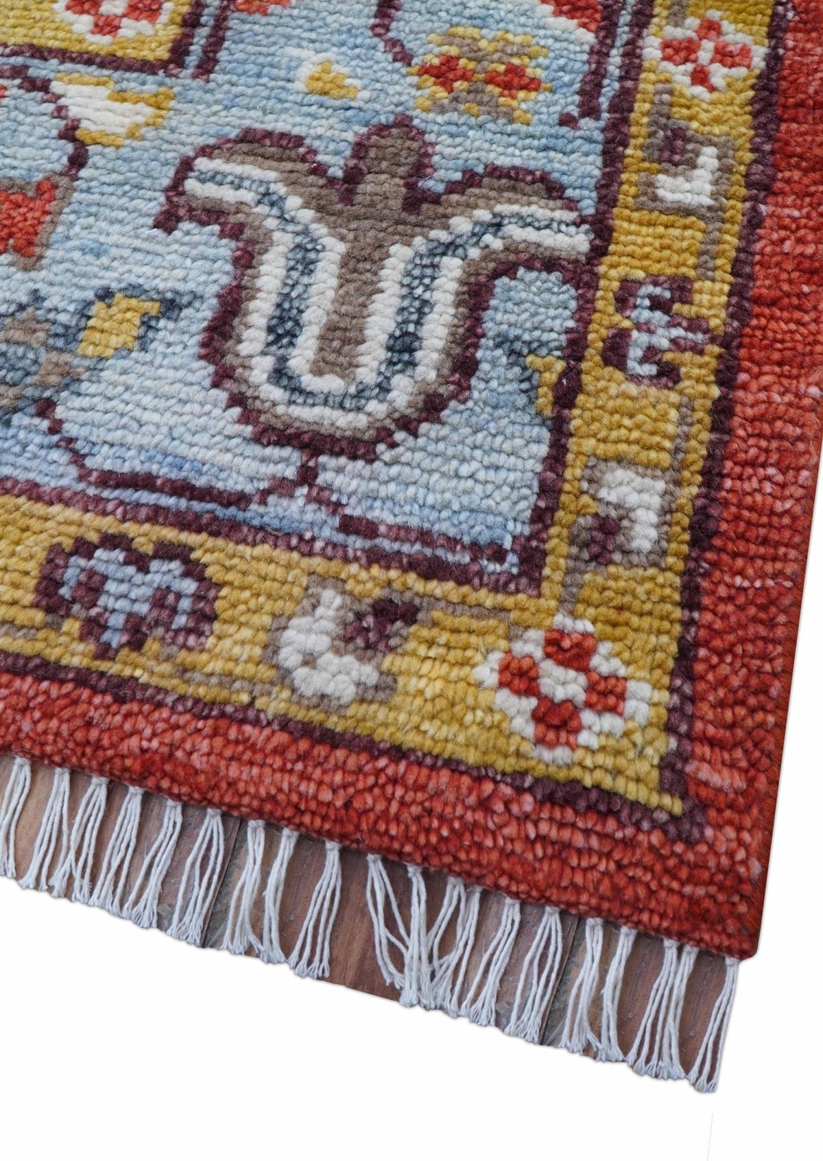 Traditional Turkish Design Rust And Blue Hand Knotted Wool Rug.
