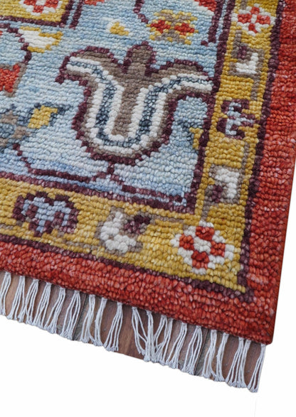 Traditional Turkish Design Rust And Blue Hand Knotted Wool Rug.