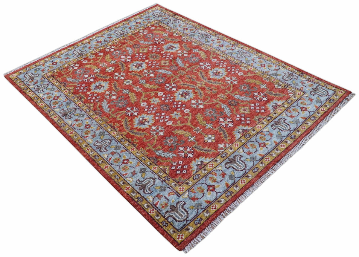 Traditional Turkish Design Rust And Blue Hand Knotted Wool Rug.