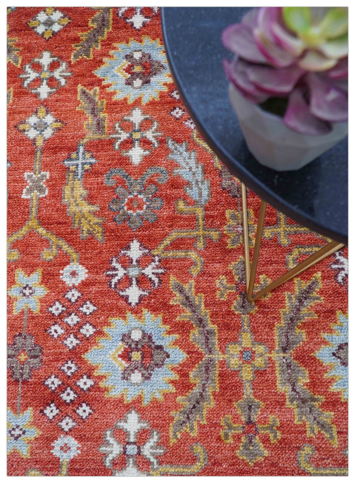 Traditional Turkish Design Rust And Blue Hand Knotted Wool Rug.