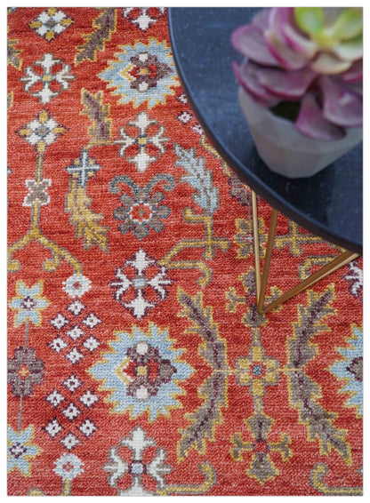 Traditional Turkish Design Rust And Blue Hand Knotted Wool Rug.