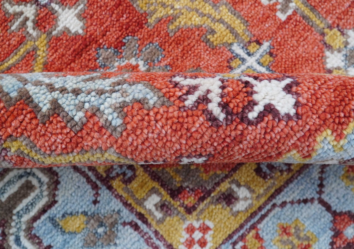 Traditional Turkish Design Rust And Blue Hand Knotted Wool Rug.