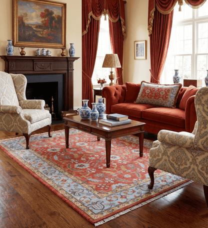 Traditional Turkish Design Rust And Blue Hand Knotted Wool Rug.