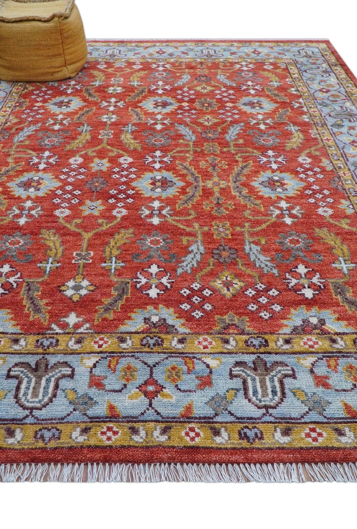 Traditional Turkish Design Rust And Blue Hand Knotted Wool Rug.