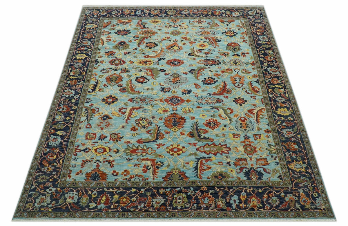 Traditional Turkish Knot Fine Blue And Rust Hand knotted Wool Area Rug.