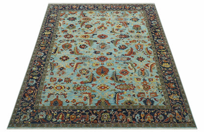 Traditional Turkish Knot Fine Blue And Rust Hand knotted Wool Area Rug.