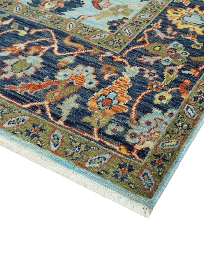Traditional Turkish Knot Fine Blue And Rust Hand knotted Wool Area Rug.
