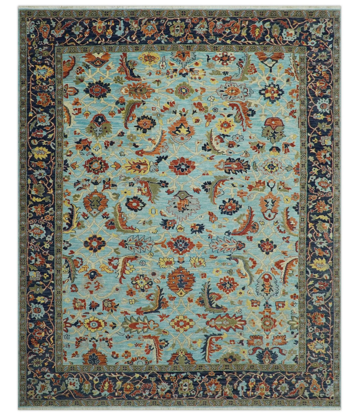 Traditional Turkish Knot Fine Blue And Rust Hand knotted Wool Area Rug.