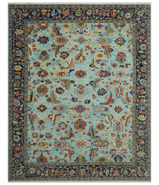 Traditional Turkish Knot Fine Blue And Rust Hand knotted Wool Area Rug.