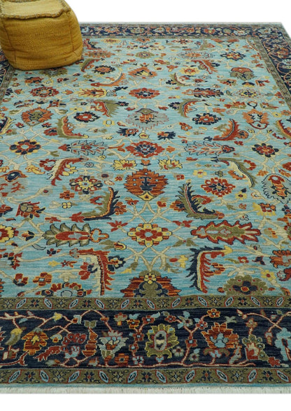 Traditional Turkish Knot Fine Blue And Rust Hand knotted Wool Area Rug.