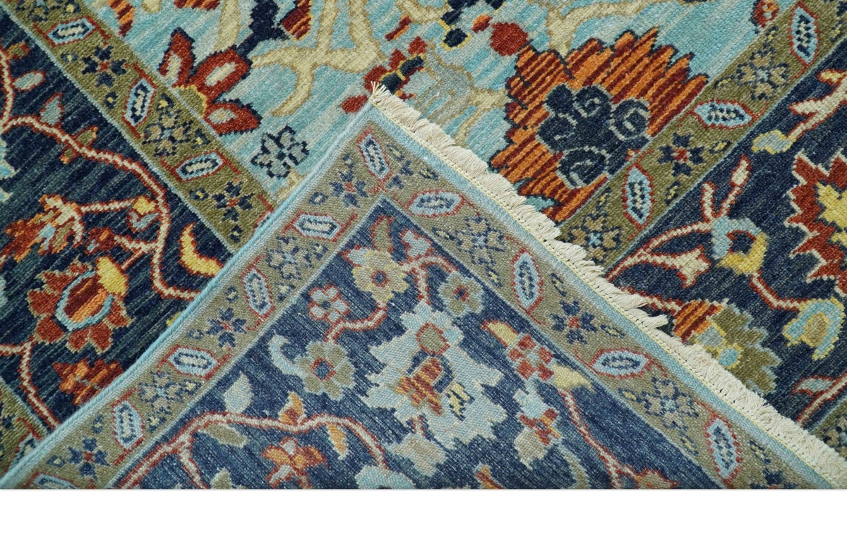 Traditional Turkish Knot Fine Blue And Rust Hand knotted Wool Area Rug.
