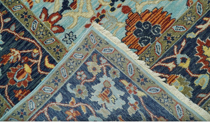 Traditional Turkish Knot Fine Blue And Rust Hand knotted Wool Area Rug.