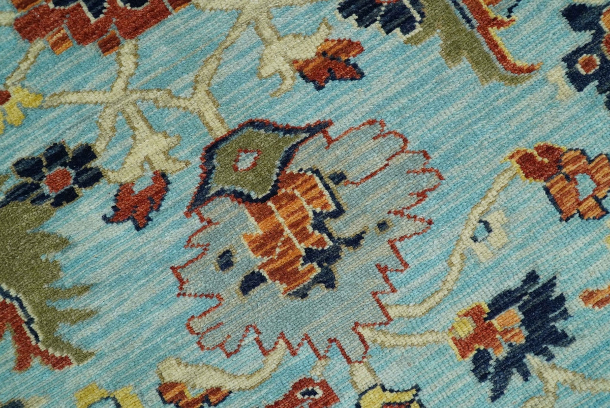 Traditional Turkish Knot Fine Blue And Rust Hand knotted Wool Area Rug.