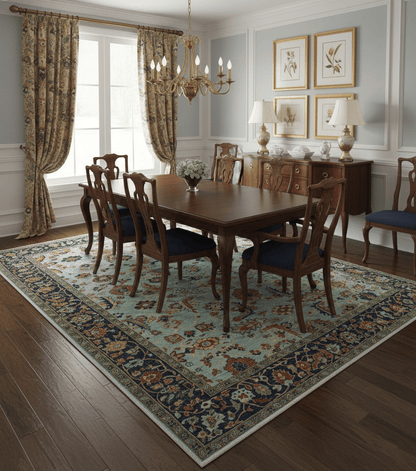 Traditional Turkish Knot Fine Blue And Rust Hand knotted Wool Area Rug.