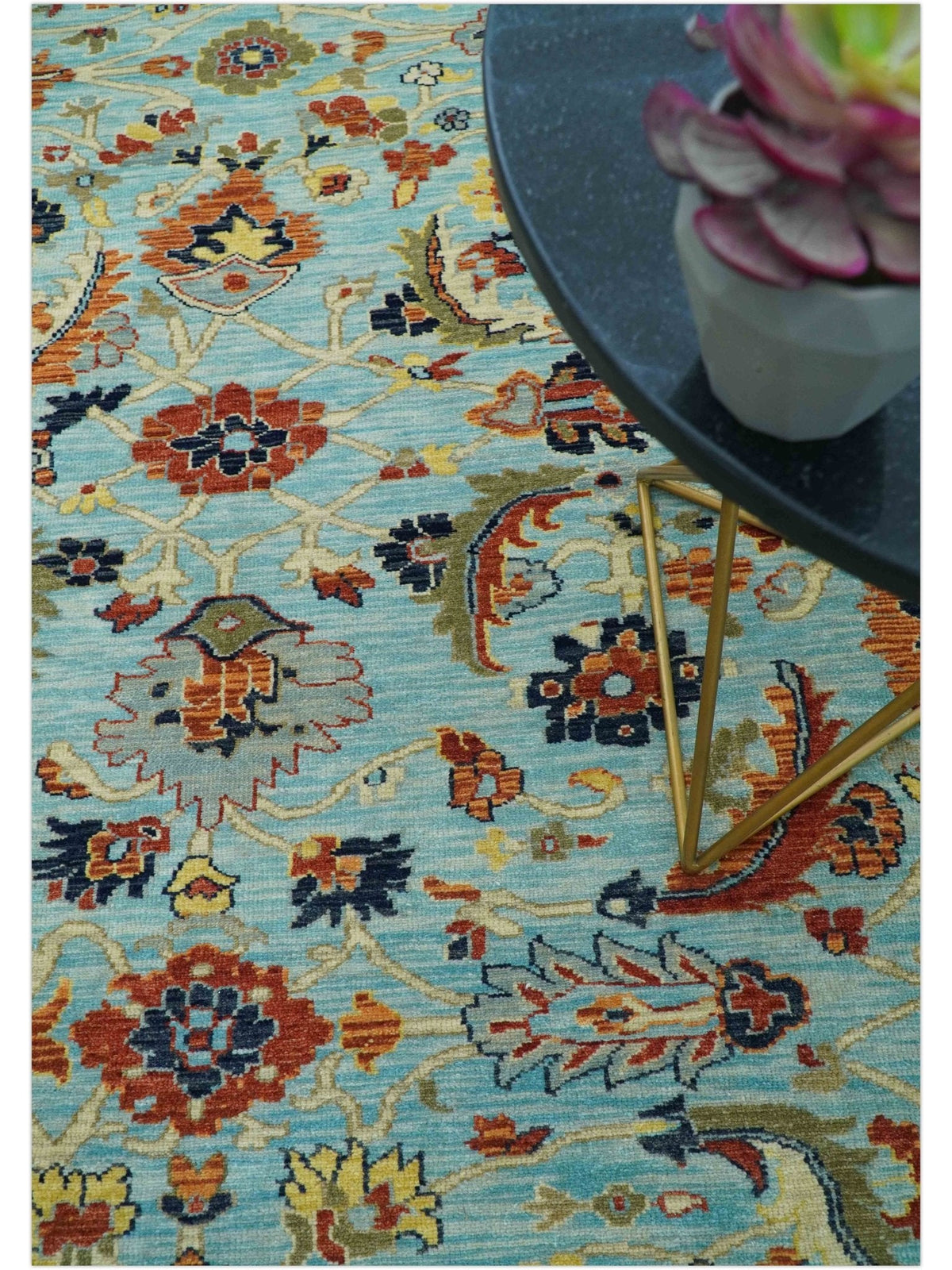 Traditional Turkish Knot Fine Blue And Rust Hand knotted Wool Area Rug.